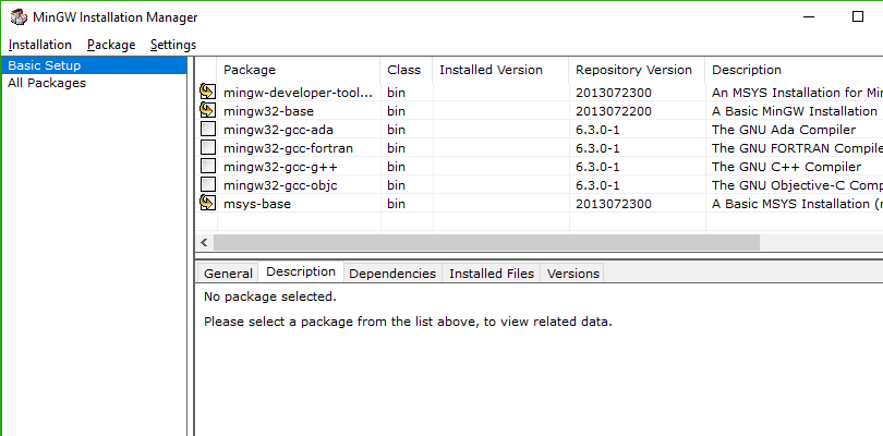 Under Basic Setup, select mingw-developer-toolkit, mingw32-base, and msys-base